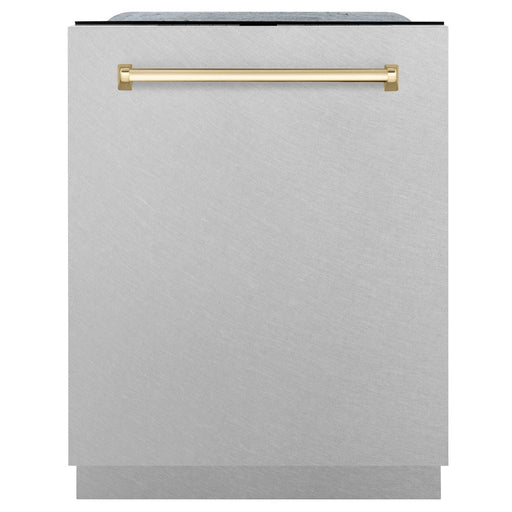 ZLINE Autograph Edition 24 in. 3rd Rack Top Control Tall Tub Dishwasher in Fingerprint Resistant Stainless Steel with Polished Gold Accents, 45dBa (DWMTZ-SN-24-G) front, closed.