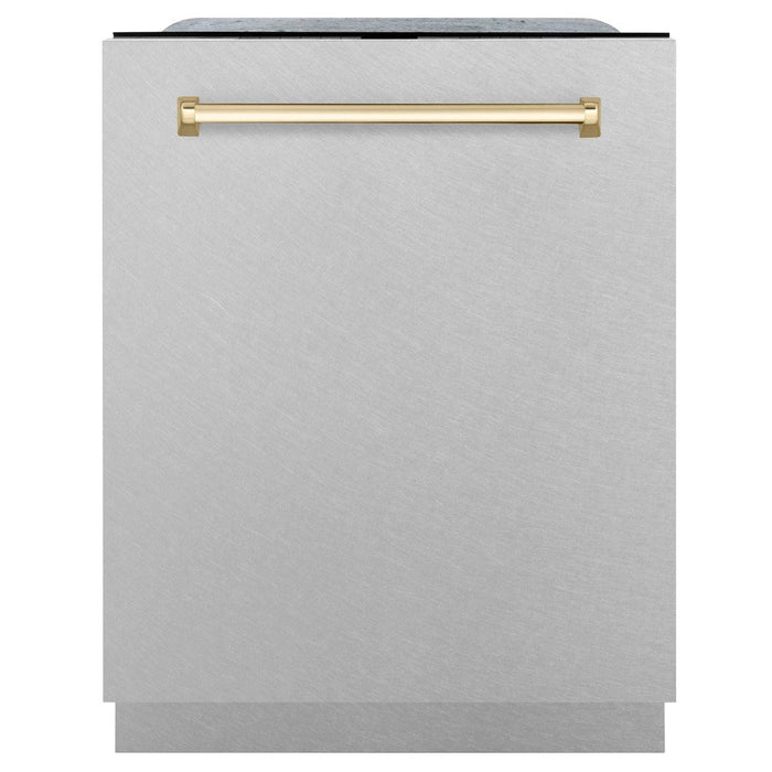 ZLINE Autograph Edition 24 in. 3rd Rack Top Control Tall Tub Dishwasher in Fingerprint Resistant Stainless Steel with Polished Gold Accents, 45dBa (DWMTZ-SN-24-G) front, closed.