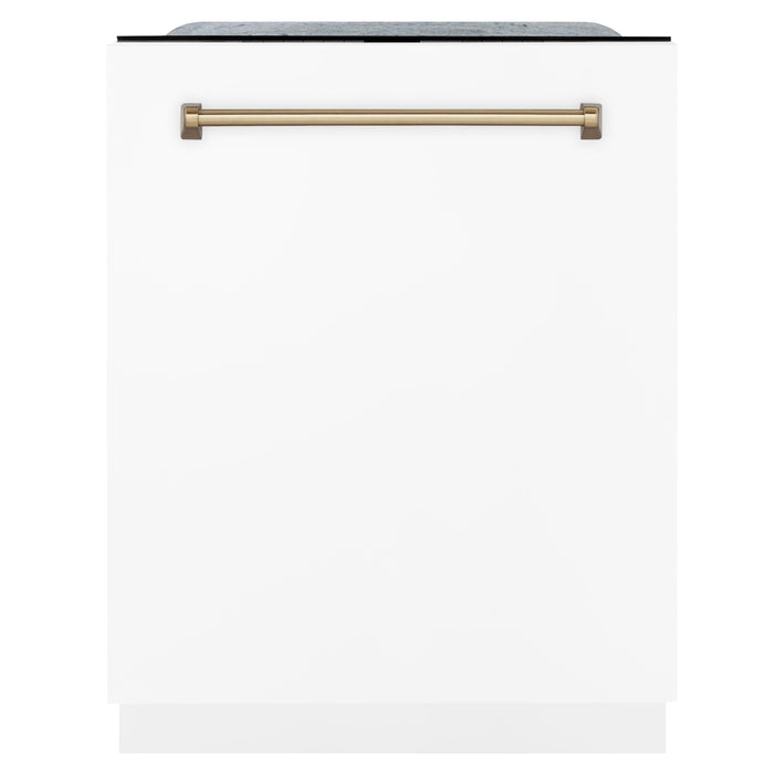 ZLINE Autograph Edition 36 in. Kitchen Package with Stainless Steel Dual Fuel Range with White Matte Door, Range Hood and Dishwasher with Champagne Bronze Accents (3AKP-RAWMRHDWM36-CB)