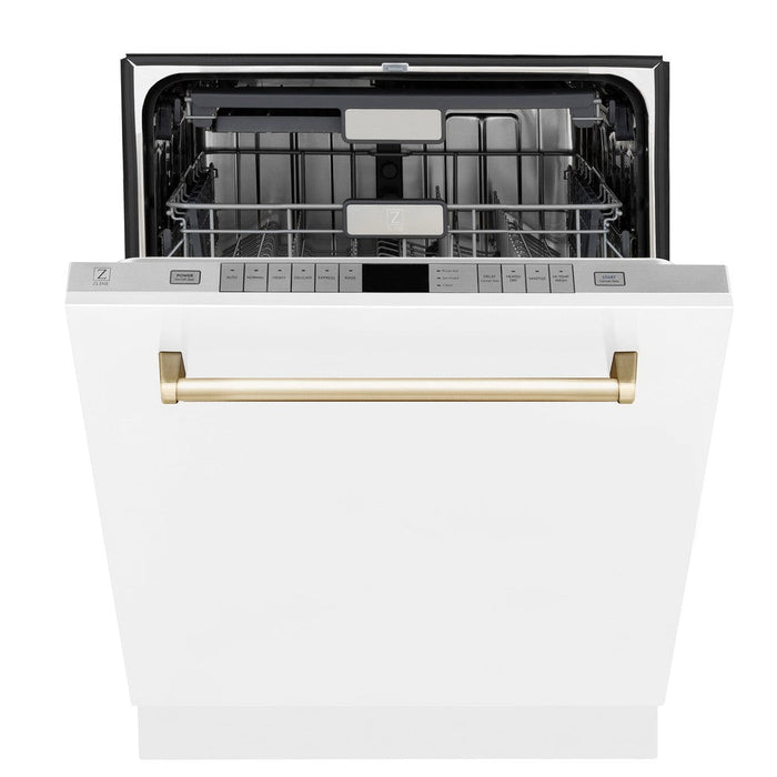 ZLINE Autograph Edition 36 in. Kitchen Package with Stainless Steel Dual Fuel Range with White Matte Door, Range Hood and Dishwasher with Polished Gold Accents (3AKP-RAWMRHDWM36-G)