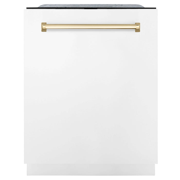 ZLINE Autograph Edition 30 in. Kitchen Package with Stainless Steel Dual Fuel Range with White Matte Door, Range Hood and Dishwasher with Polished Gold Accents (3AKP-RAWMRHDWM30-G)