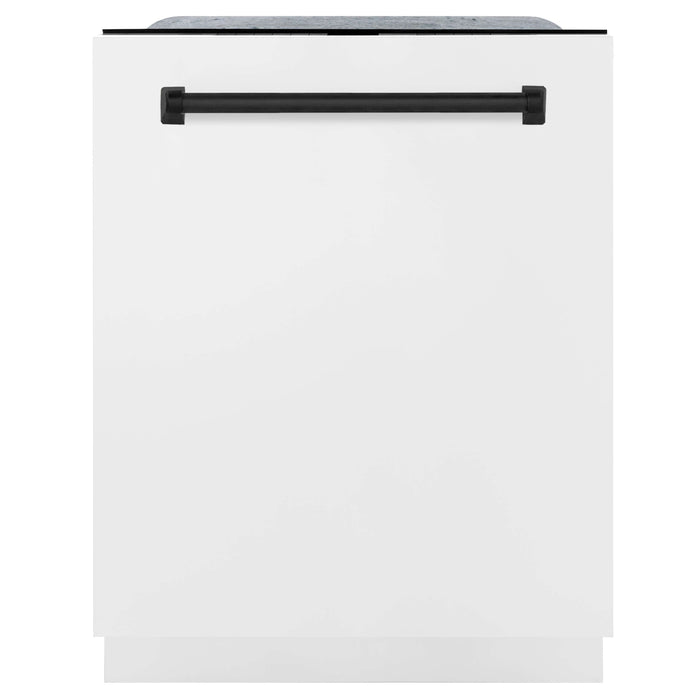 ZLINE Autograph Edition 30 in. Kitchen Package with Stainless Steel Dual Fuel Range with White Matte Door, Range Hood and Dishwasher with Matte Black Accents (3AKP-RAWMRHDWM30-MB)