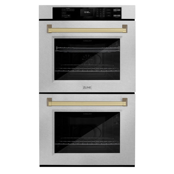 ZLINE Autograph Edition 30 in. Professional True Convection Double Wall Oven with Air Fry and Self Clean in DuraSnow® Stainless Steel with Champagne Bronze Handles (WADSZ-30-CB)