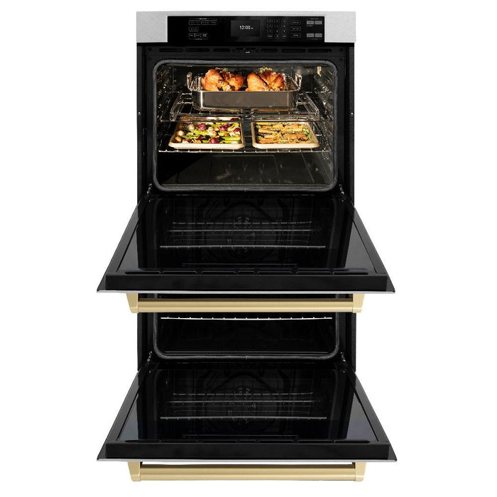 ZLINE Autograph Edition 30 in. Professional True Convection Double Wall Oven with Air Fry and Self Clean in DuraSnow® Stainless Steel with Champagne Bronze Handles (WADSZ-30-CB)