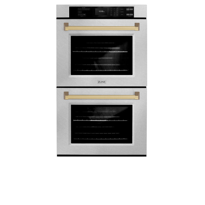 ZLINE Autograph Edition 30 in. Professional True Convection Double Wall Oven with Air Fry and Self Clean in DuraSnow® Stainless Steel with Champagne Bronze Handles (WADSZ-30-CB)