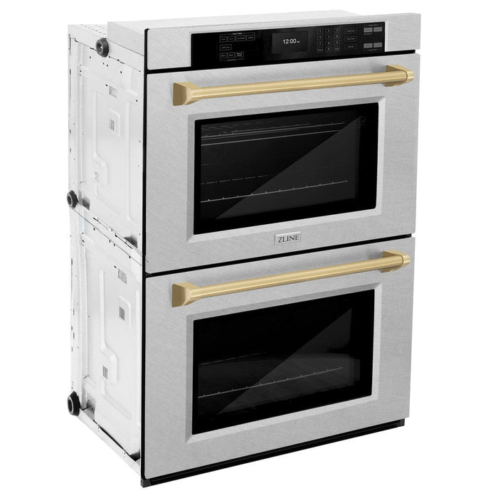 ZLINE Autograph Edition 30 in. Professional True Convection Double Wall Oven with Air Fry and Self Clean in DuraSnow® Stainless Steel with Champagne Bronze Handles (WADSZ-30-CB)