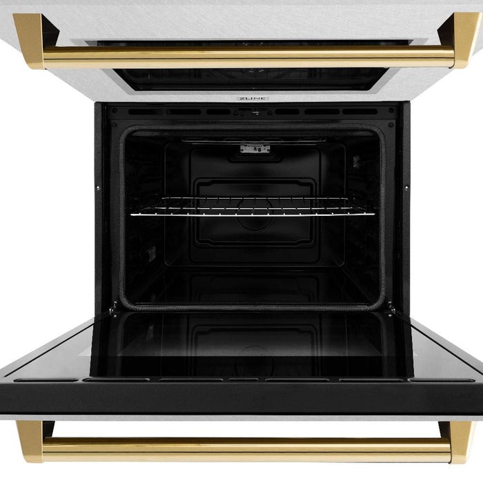 ZLINE Autograph Edition 30 in. Professional True Convection Double Wall Oven with Air Fry and Self Clean in DuraSnow® Stainless Steel with Polished Gold Handles (WADSZ-30-G)