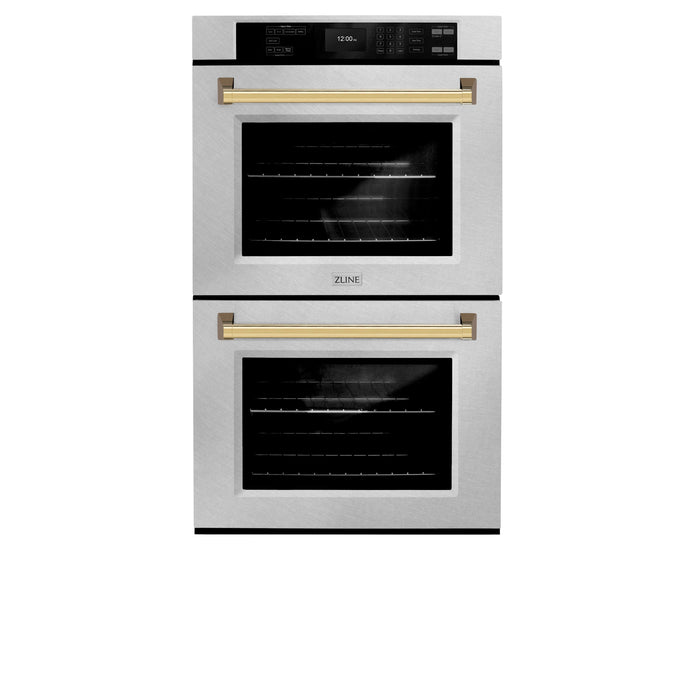 ZLINE Autograph Edition 30 in. Professional True Convection Double Wall Oven with Air Fry and Self Clean in DuraSnow® Stainless Steel with Polished Gold Handles (WADSZ-30-G)