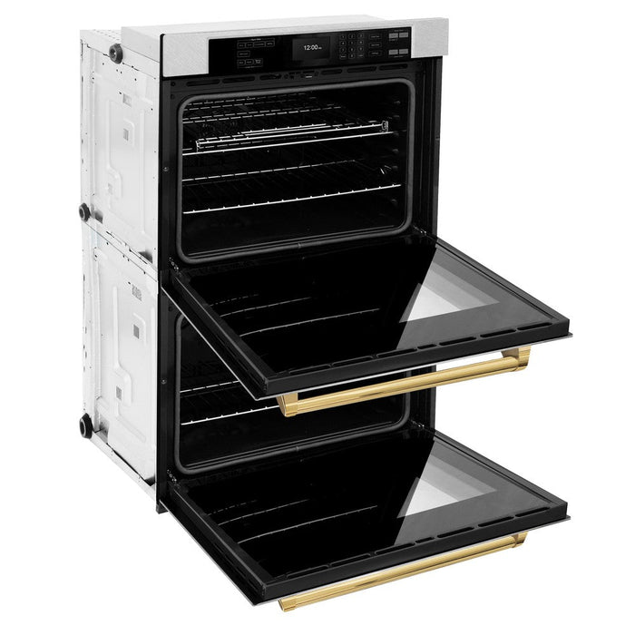 ZLINE Autograph Edition 30 in. Professional True Convection Double Wall Oven with Air Fry and Self Clean in DuraSnow® Stainless Steel with Polished Gold Handles (WADSZ-30-G)