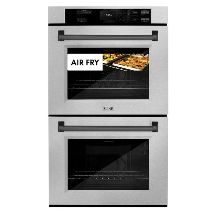 ZLINE Autograph Edition 30 in. Professional True Convection Double Wall Oven with Air Fry and Self Clean in DuraSnow® Stainless Steel with Matte Black Handles (WADSZ-30-MB)