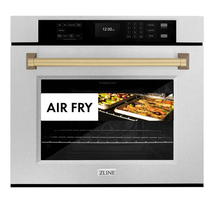 ZLINE Autograph Edition 30 in. Professional True Convection Single Wall Oven with Air Fry and Self Clean in DuraSnow® Stainless Steel with Champagne Bronze Handle (WASSZ-30-CB)