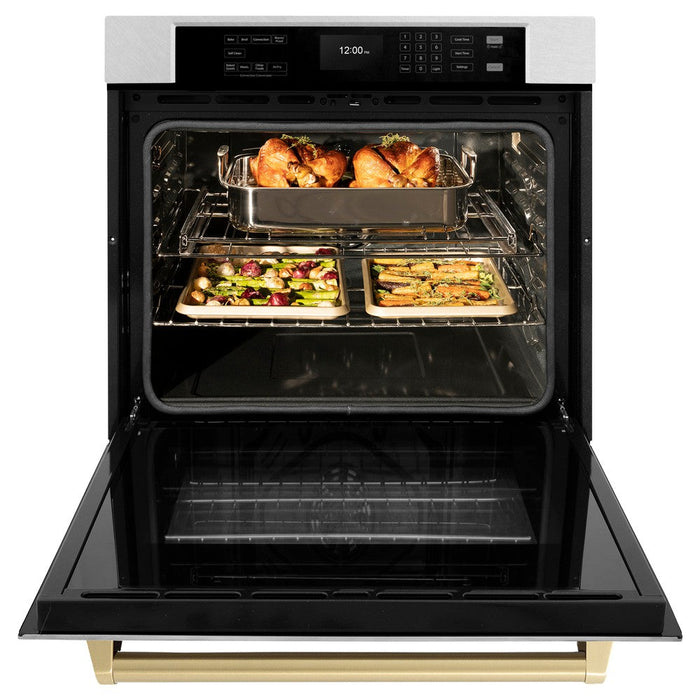 ZLINE Autograph Edition 30 in. Professional True Convection Single Wall Oven with Air Fry and Self Clean in DuraSnow® Stainless Steel with Champagne Bronze Handle (WASSZ-30-CB)