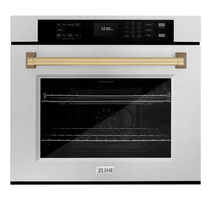 ZLINE Autograph Edition 30 in. Professional True Convection Single Wall Oven with Air Fry and Self Clean in DuraSnow® Stainless Steel with Champagne Bronze Handle (WASSZ-30-CB)