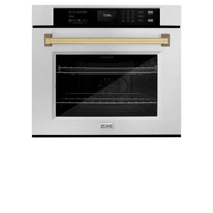 ZLINE Autograph Edition 30 in. Professional True Convection Single Wall Oven with Air Fry and Self Clean in DuraSnow® Stainless Steel with Champagne Bronze Handle (WASSZ-30-CB)