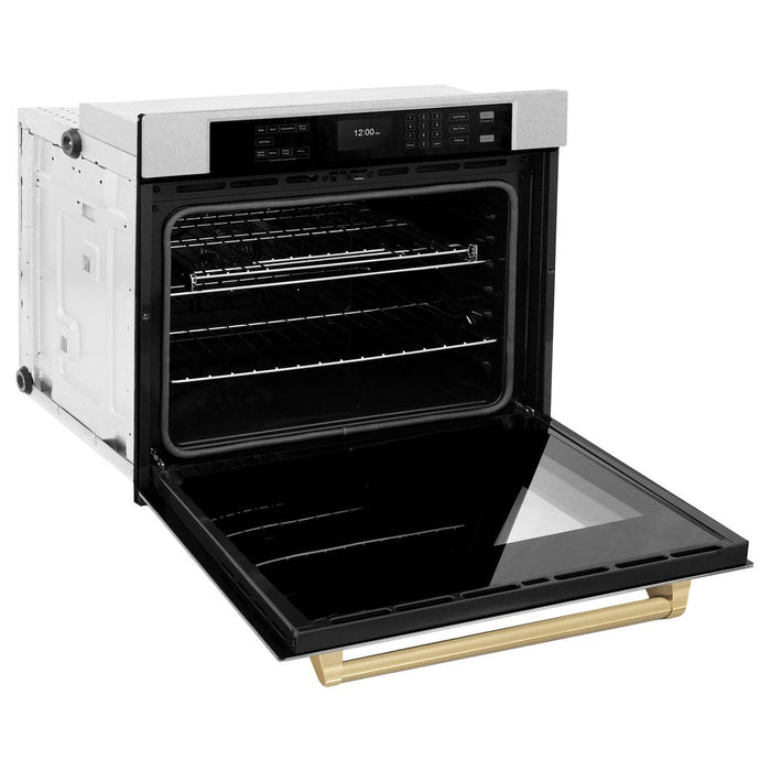 ZLINE Autograph Edition 30 in. Professional True Convection Single Wall Oven with Air Fry and Self Clean in DuraSnow® Stainless Steel with Champagne Bronze Handle (WASSZ-30-CB)