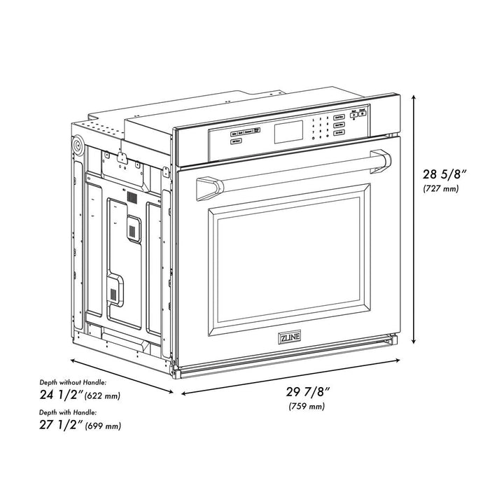 ZLINE Autograph Edition 30 in. Professional True Convection Single Wall Oven with Air Fry and Self Clean in DuraSnow® Stainless Steel with Polished Gold Handle (WASSZ-30-G)