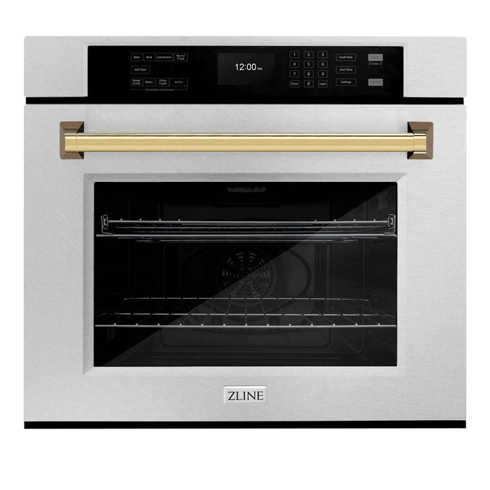 ZLINE Autograph Edition 30 in. Professional True Convection Single Wall Oven with Air Fry and Self Clean in DuraSnow® Stainless Steel with Polished Gold Handle (WASSZ-30-G)