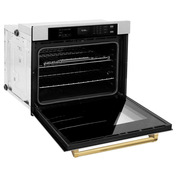 ZLINE Autograph Edition 30 in. Professional True Convection Single Wall Oven with Air Fry and Self Clean in DuraSnow® Stainless Steel with Polished Gold Handle (WASSZ-30-G)