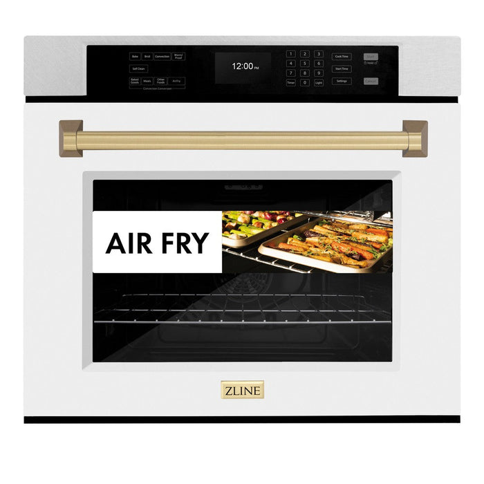 ZLINE Autograph Edition 30 in. Professional True Convection Single Wall Oven with Air Fry and Self Clean in DuraSnow® Stainless Steel with White Matte Door and Champagne Bronze Handle (WASSZ-WM-30-CB)