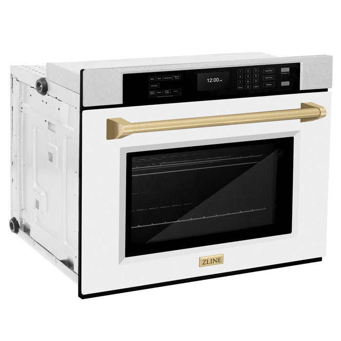 ZLINE Autograph Edition 30 in. Professional True Convection Single Wall Oven with Air Fry and Self Clean in DuraSnow® Stainless Steel with White Matte Door and Champagne Bronze Handle (WASSZ-WM-30-CB)