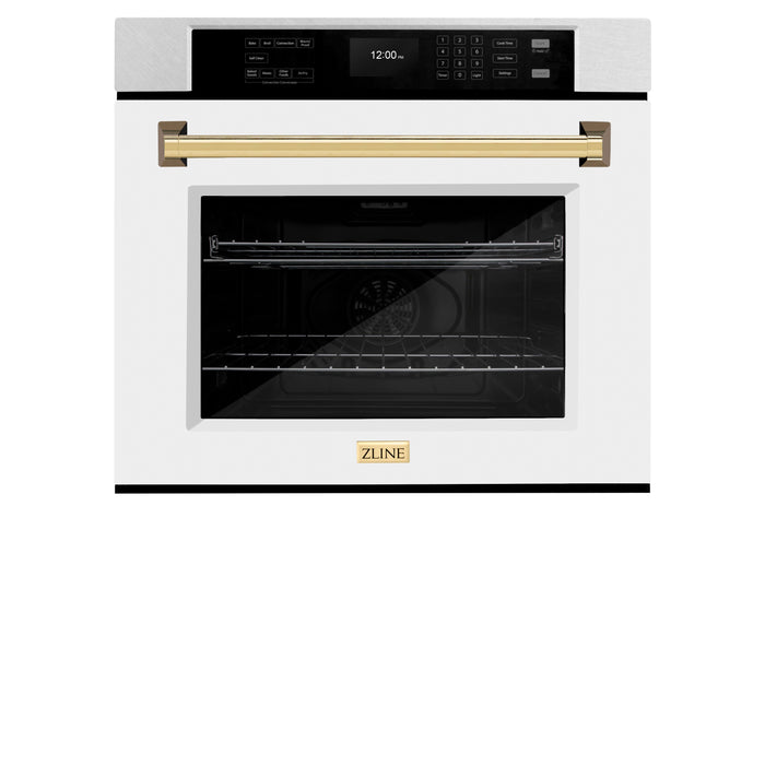 ZLINE Autograph Edition 30 in. Professional True Convection Single Wall Oven with Air Fry and Self Clean in DuraSnow® Stainless Steel with White Matte Door and Polished Gold Handle (WASSZ-WM-30-G)