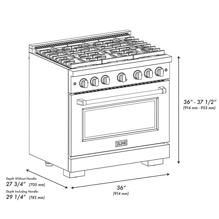 ZLINE Autograph Edition 36 in. 5.2 cu. ft. Paramount Dual Fuel Range with 6 Burner Gas Cooktop and Electric Convection Oven in Black Stainless Steel with Polished Gold Accents (SDRBZ-36-G)