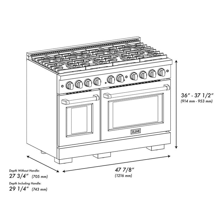 ZLINE Autograph Edition 48 in. 6.7 cu. ft. Paramount Double Oven Dual Fuel Range with 8 Burner Gas Cooktop in Black Stainless Steel and Champagne Bronze Accents (SDRBZ-48-CB)