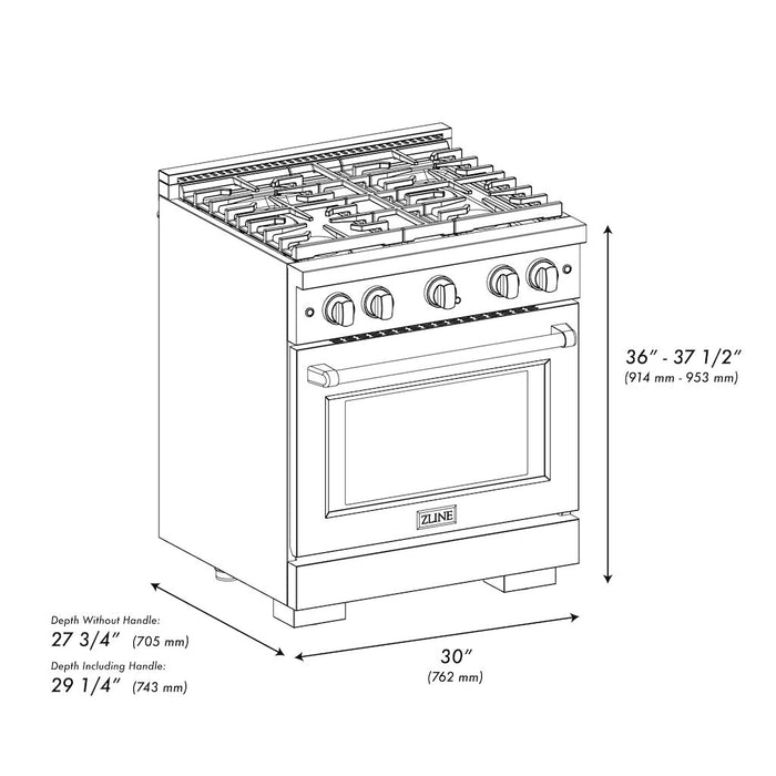 ZLINE Autograph Edition 30 in. 4.2 cu. ft. Paramount Gas Range with 4 Burner Cooktop and Convection Gas Oven in Black Stainless Steel and Champagne Bronze Accents (SGRBZ-30-CB)