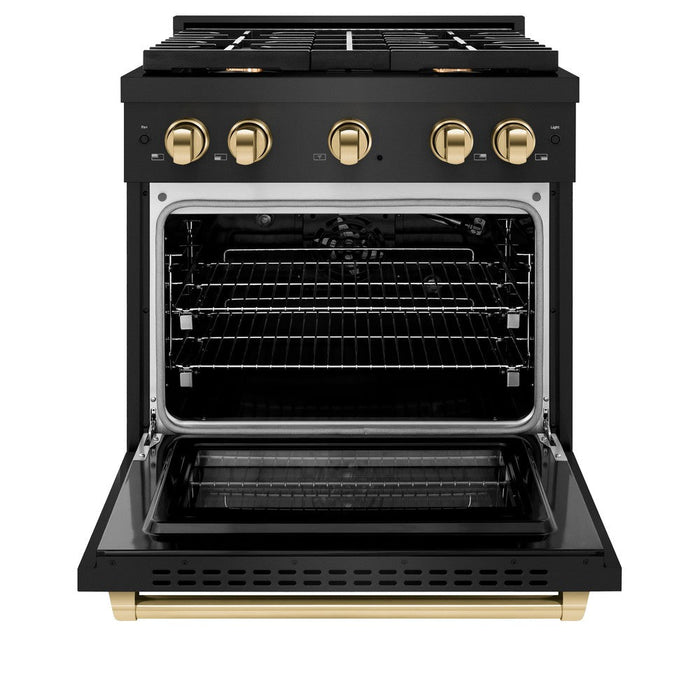 ZLINE Autograph Edition 30 in. 4.2 cu. ft. Paramount Gas Range with 4 Burner Cooktop and Convection Gas Oven in Black Stainless Steel and Polished Gold Accents (SGRBZ-30-G)