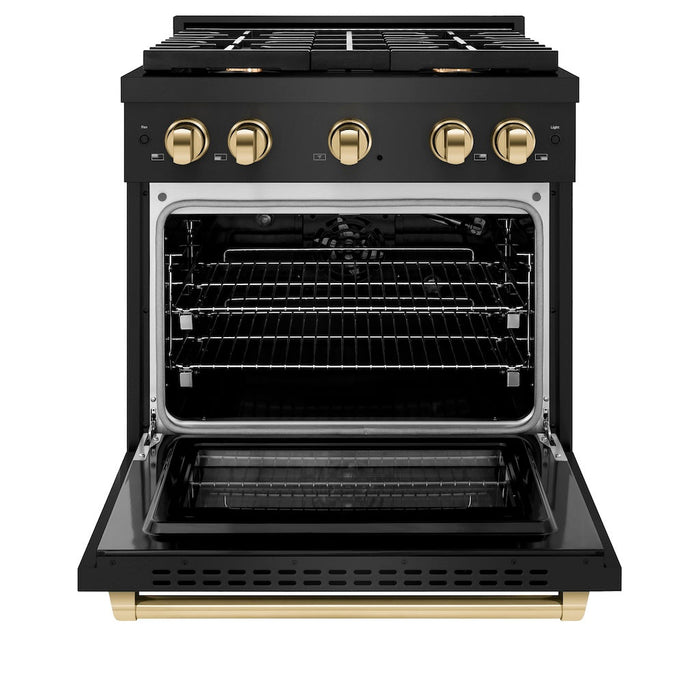 ZLINE Autograph Edition 30 in. 4.2 cu. ft. Paramount Gas Range with 4 Burner Cooktop and Convection Gas Oven in Black Stainless Steel and Champagne Bronze Accents (SGRBZ-30-CB)