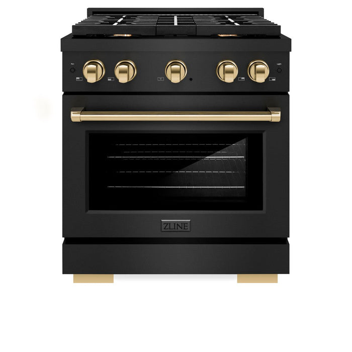 ZLINE Autograph Edition 30 in. 4.2 cu. ft. Paramount Gas Range with 4 Burner Cooktop and Convection Gas Oven in Black Stainless Steel and Polished Gold Accents (SGRBZ-30-G)