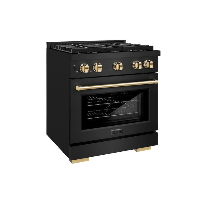 ZLINE Autograph Edition 30 in. 4.2 cu. ft. Paramount Gas Range with 4 Burner Cooktop and Convection Gas Oven in Black Stainless Steel and Champagne Bronze Accents (SGRBZ-30-CB)