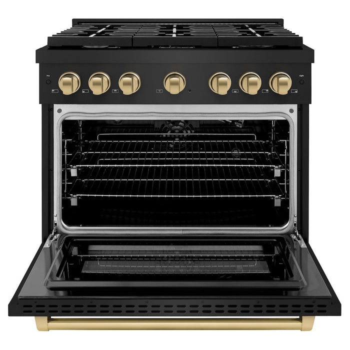 ZLINE Autograph Edition 36 in. 5.2 cu. ft. Paramount Gas Range with 6 Burner Cooktop and Convection Gas Oven in Black Stainless Steel and Champagne Bronze Accents (SGRBZ-36-CB)