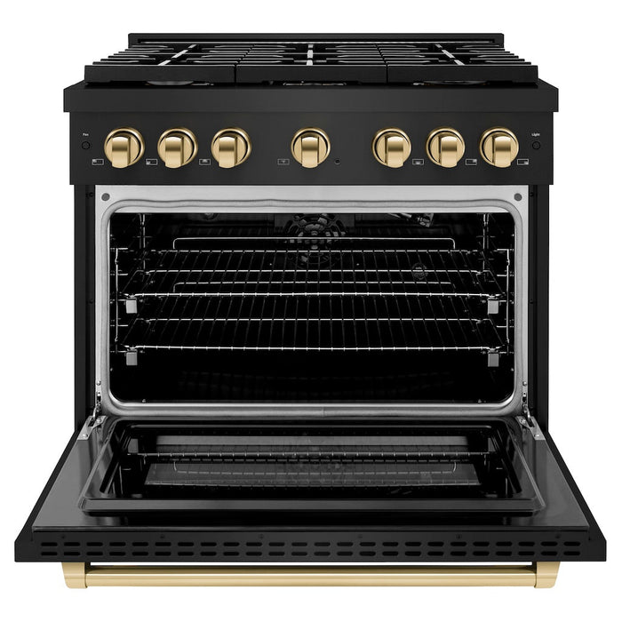 ZLINE Autograph Edition 36 in. 5.2 cu. ft. Paramount Gas Range with 6 Burner Cooktop and Convection Gas Oven in Black Stainless Steel and Polished Gold Accents (SGRBZ-36-G)