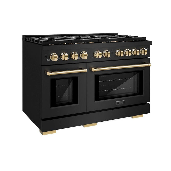 ZLINE Autograph Edition 48 in. 6.7 cu. ft. Paramount Double Oven Gas Range with 8 Burner Cooktop in Black Stainless Steel and Polished Gold Accents (SGRBZ-48-G)