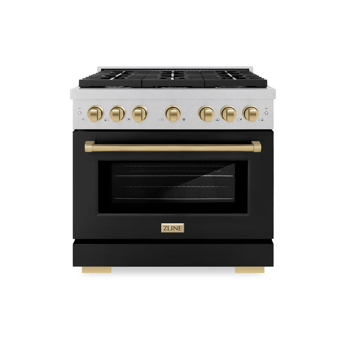 ZLINE Autograph Edition 36 in. 5.2 cu. ft. Paramount Dual Fuel Range with 6 Burner Gas Cooktop and Electric Convection Oven in DuraSnow® Stainless Steel with Black Matte Door and Champagne Bronze Accents (SDRSZ-BLM-36-CB)