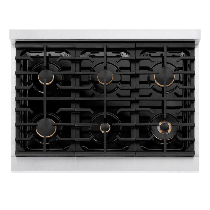 ZLINE Autograph Edition 36 in. 5.2 cu. ft. Paramount Dual Fuel Range with 6 Burner Gas Cooktop and Electric Convection Oven in DuraSnow® Stainless Steel with Black Matte Door and Champagne Bronze Accents (SDRSZ-BLM-36-CB)