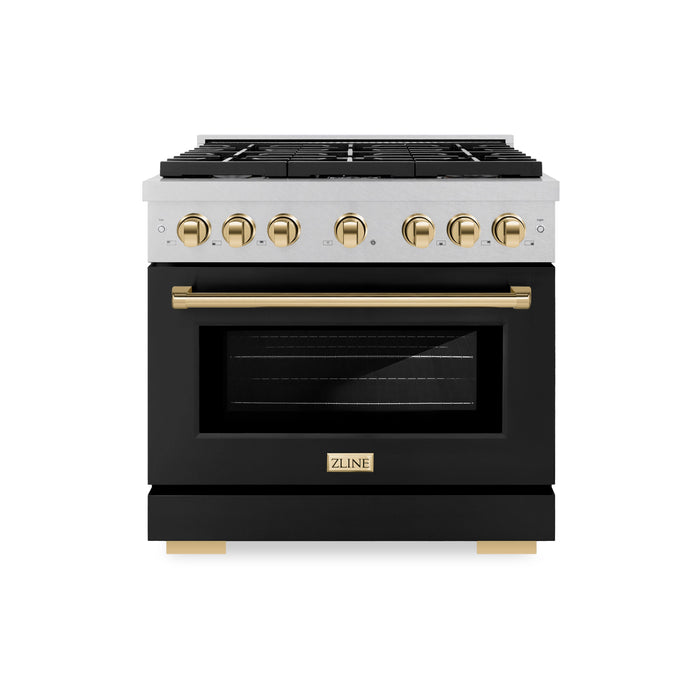 ZLINE Autograph Edition 36 in. 5.2 cu. ft. Paramount Dual Fuel Range with 6 Burner Gas Cooktop and Electric Convection Oven in DuraSnow® Stainless Steel with Black Matte Door and Polished Gold Accents (SDRSZ-BLM-36-G)