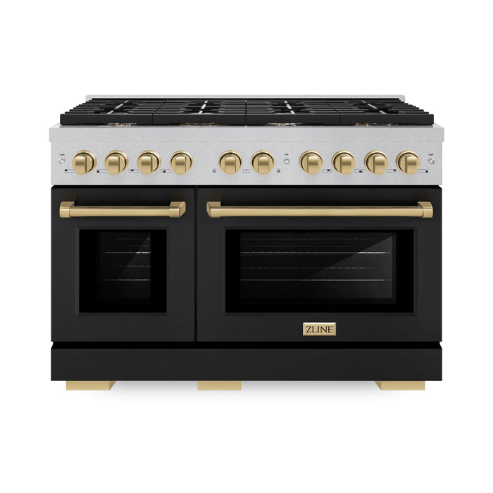 ZLINE Autograph Edition 48 in. 6.7 cu. ft. Paramount Double Oven Dual Fuel Range with 8 Burner Gas Cooktop in DuraSnow® Stainless Steel with Black Matte Door and Champagne Bronze Accents (SDRSZ-BLM-48-CB)