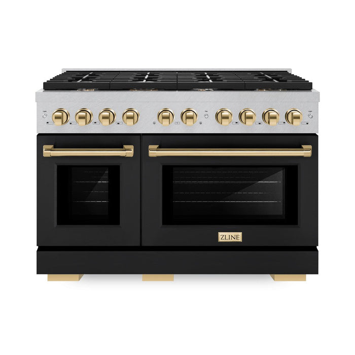 ZLINE Autograph Edition 48 in. 6.7 cu. ft. Paramount Double Oven Dual Fuel Range with 8 Burner Gas Cooktop in DuraSnow® Stainless Steel with Black Matte Door and Polished Gold Accents (SDRSZ-BLM-48-G)