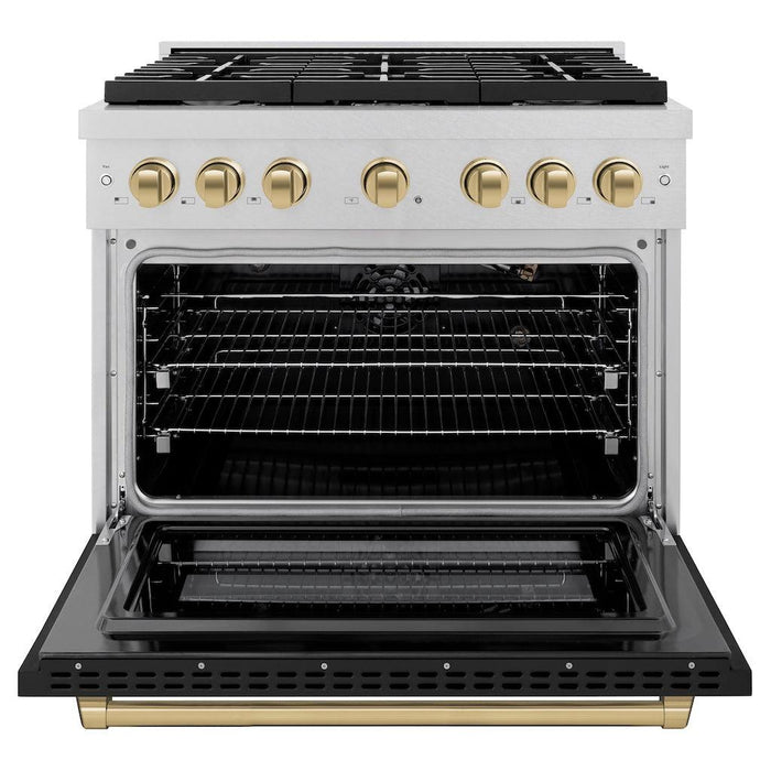 ZLINE Autograph Edition 36 in. 5.2 cu. ft. Paramount Gas Range with 6 Burner Cooktop and Convection Gas Oven in DuraSnow® Stainless Steel with Black Matte Door and Champagne Bronze Accents (SGRSZ-BLM-36-CB)