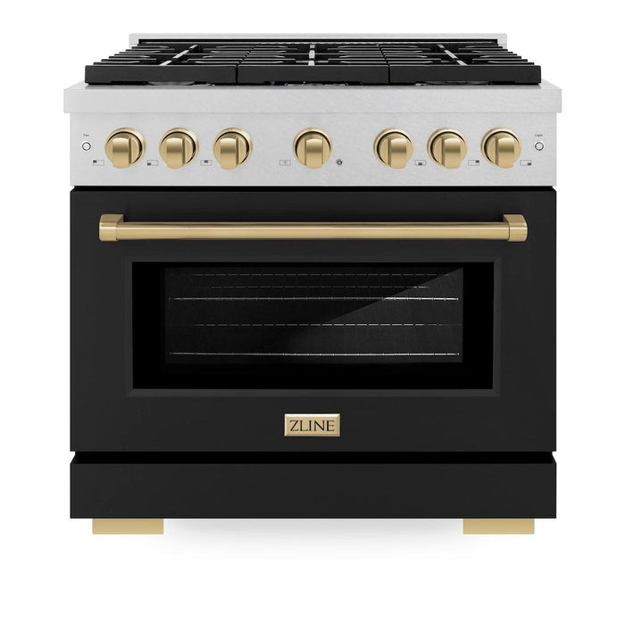 ZLINE Autograph Edition 36 in. 5.2 cu. ft. Paramount Gas Range with 6 Burner Cooktop and Convection Gas Oven in DuraSnow® Stainless Steel with Black Matte Door and Champagne Bronze Accents (SGRSZ-BLM-36-CB)