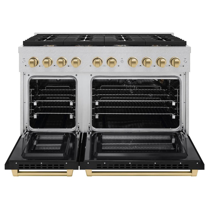 ZLINE Autograph Edition 48 in. 6.7 cu. ft. Paramount Double Oven Gas Range with 8 Burner Cooktop in DuraSnow® Stainless Steel with Black Matte Doors and Champagne Bronze Accents (SGRSZ-BLM-48-CB)