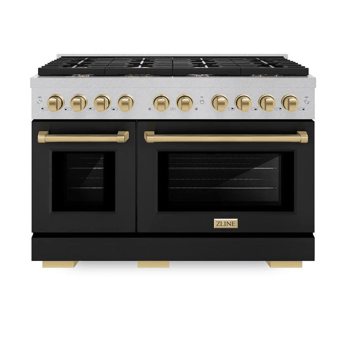 ZLINE Autograph Edition 48 in. 6.7 cu. ft. Paramount Double Oven Gas Range with 8 Burner Cooktop in DuraSnow® Stainless Steel with Black Matte Doors and Champagne Bronze Accents (SGRSZ-BLM-48-CB)