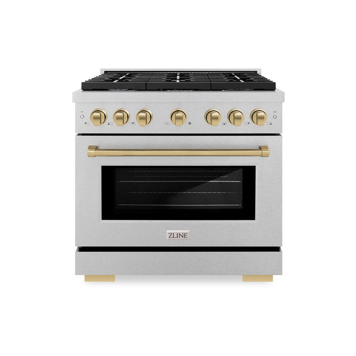 ZLINE Autograph Edition 36 in. 5.2 cu. ft. Paramount Dual Fuel Range with 6 Burner Gas Cooktop and Electric Convection Oven in DuraSnow® Stainless Steel with Champagne Bronze Accents (SDRSZ-36-CB)