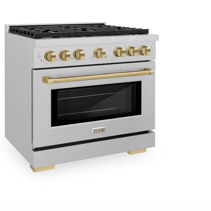 ZLINE Autograph Edition 36 in. 5.2 cu. ft. Paramount Dual Fuel Range with 6 Burner Gas Cooktop and Electric Convection Oven in DuraSnow® Stainless Steel with Champagne Bronze Accents (SDRSZ-36-CB)