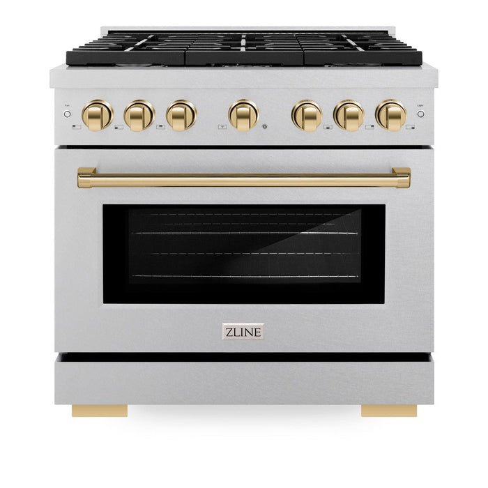 ZLINE Autograph Edition 36 in. 5.2 cu. ft. Paramount Dual Fuel Range with 6 Burner Gas Cooktop and Electric Convection Oven in DuraSnow® Stainless Steel with Polished Gold Accents (SDRSZ-36-G)