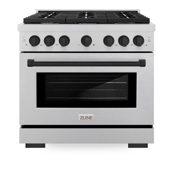 ZLINE Autograph Edition 36 in. 5.2 cu. ft. Paramount Dual Fuel Range with 6 Burner Gas Cooktop and Electric Convection Oven in DuraSnow® Stainless Steel with Matte Black Accents (SDRSZ-36-MB)