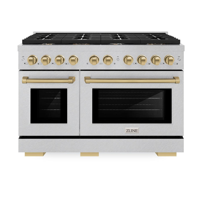 ZLINE Autograph Edition 48 in. 6.7 cu. ft. Paramount Double Oven Dual Fuel Range with 8 Burner Gas Cooktop in DuraSnow® Stainless Steel and Champagne Bronze Accents (SDRSZ-48-CB)