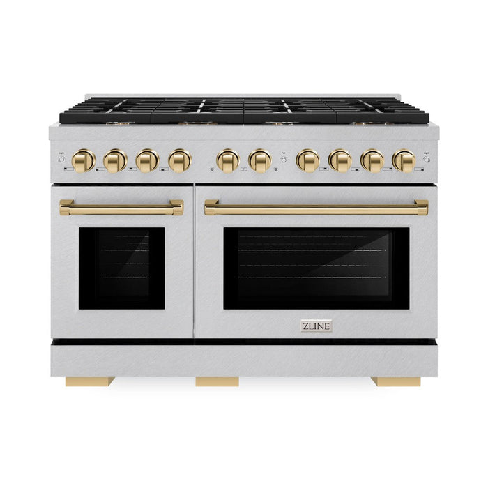 ZLINE Autograph Edition 48 in. 6.7 cu. ft. Paramount Double Oven Dual Fuel Range with 8 Burner Gas Cooktop in DuraSnow® Stainless Steel and Polished Gold Accents (SDRSZ-48-G)